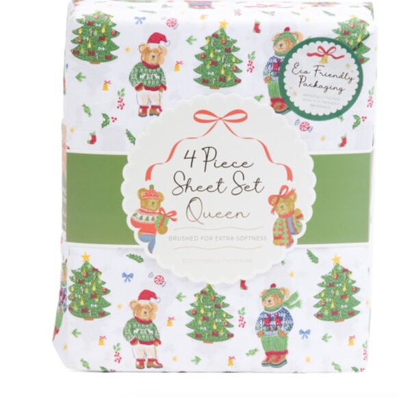 ENVOGUE Classic Christmas Holiday Teddy Queen 4 PC Sheet Set New - Picture 1 of 4